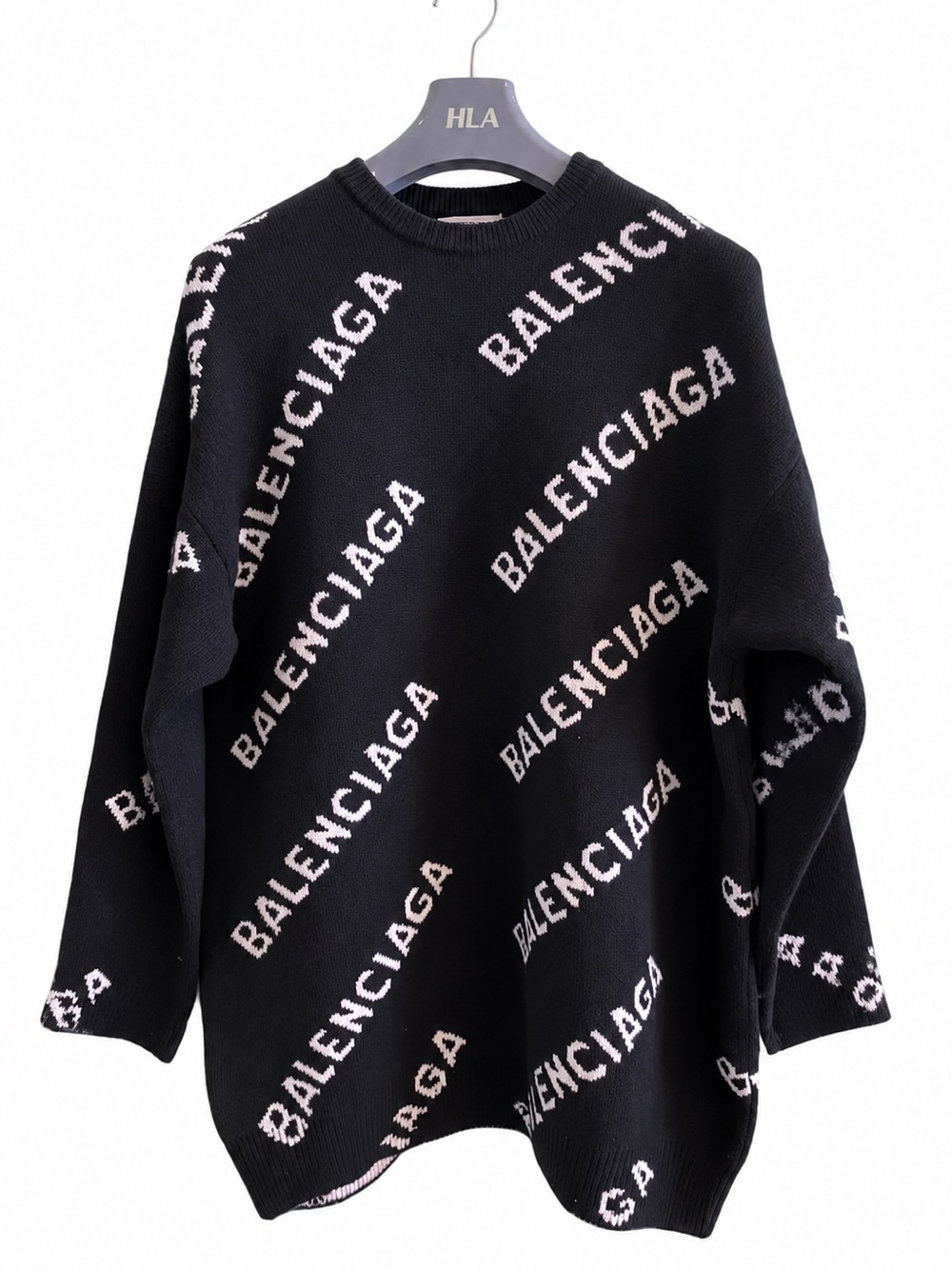 🚩steal Balenciaga Black Crewneck Sweater with Diagonal White Logo